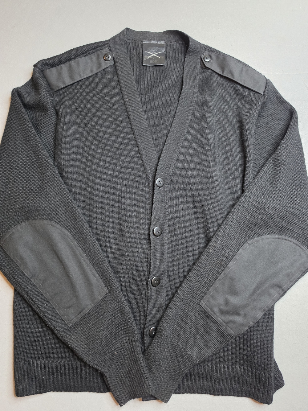 Military Equipment Men's Black Button-Front Cardigan with Elbow Patches XL